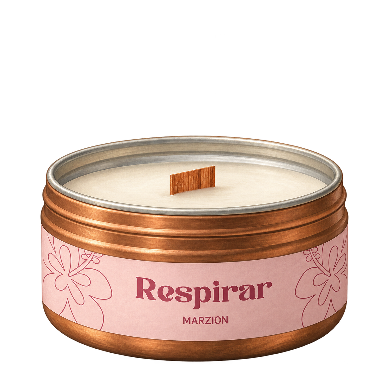 Ilustração da vela Marzion Respirar: latinha acobreada com rótulo rosa floral e pavio de madeira.